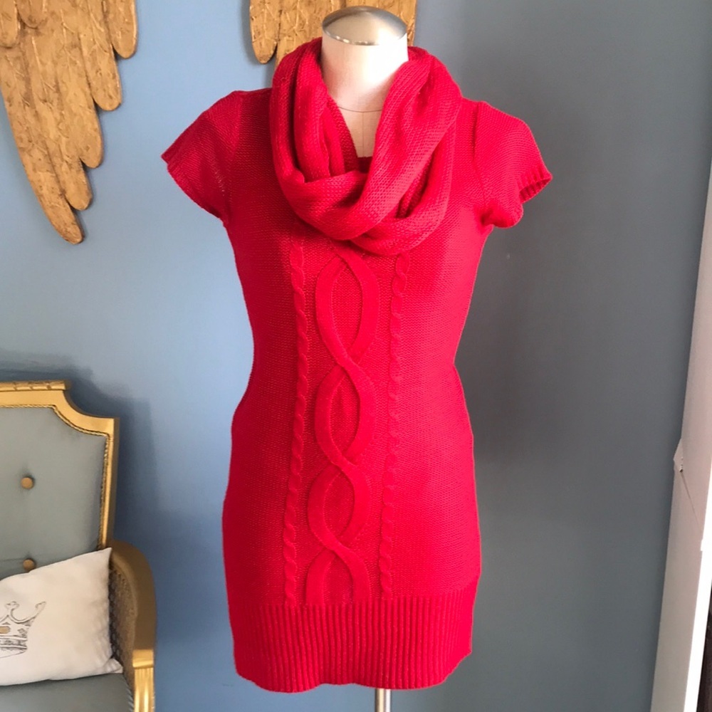 Set of 2 knit sweater bodycon mini dresses red & black short sleeves pull over S